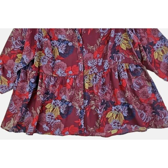 Chelsea Studio~Plus Size(26/28)2X~ Red/Brown Floral Button-Up Bloyse 3/4 Sleeve - Picture 14 of 14